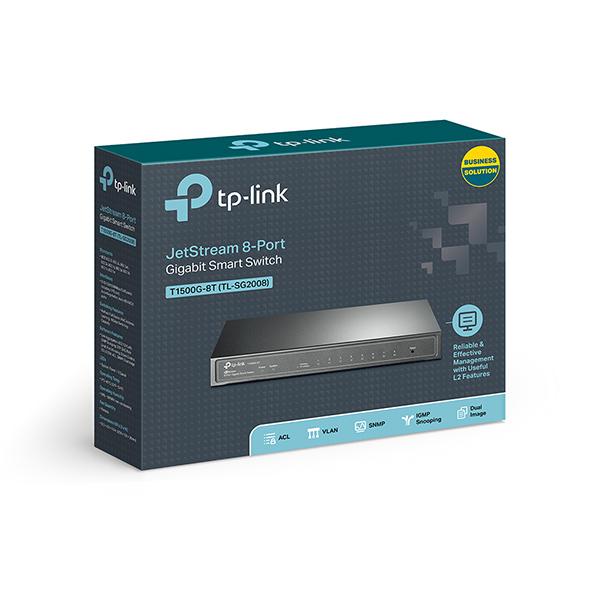 TP-LINK TL-SG2008 8-Port Gigabit Smart Switch with fanless design and multiple security features.