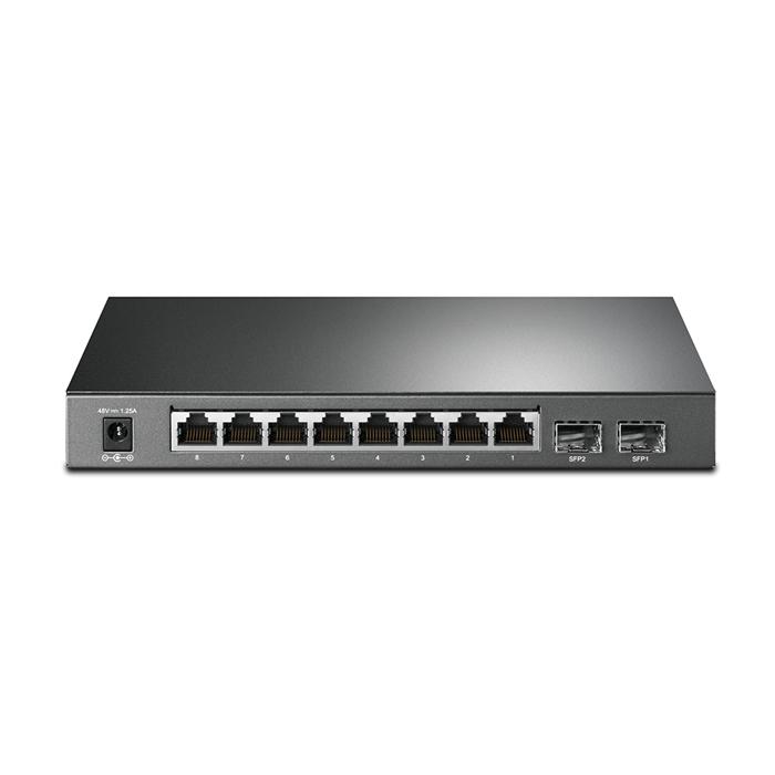 TP-Link TL-SG2210P 8-Port Gigabit Ethernet Switch with PoE and 2 SFP slots, showcasing its sleek design and multiple ports.