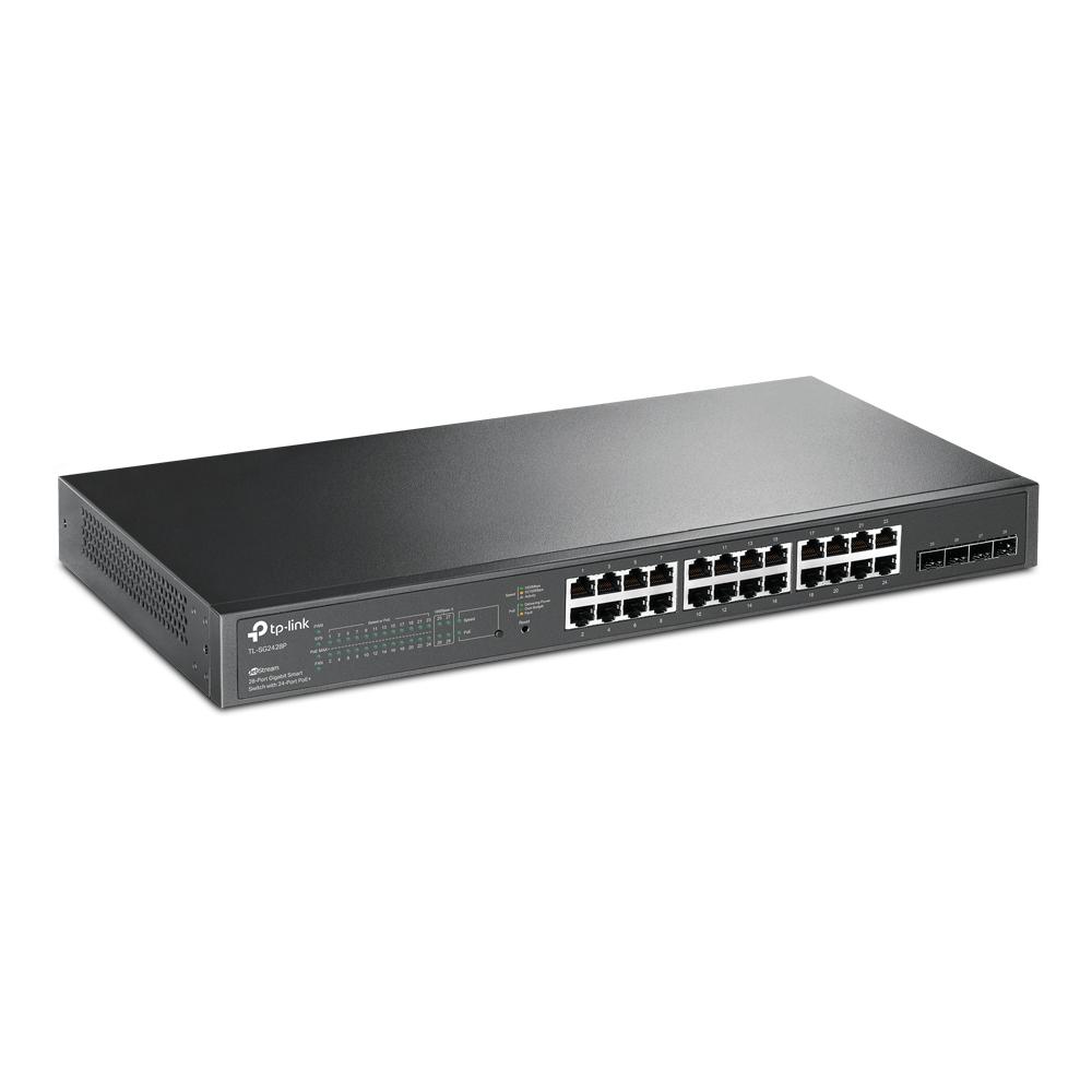 TP-Link TL-SG2428P JetStream 28-Port Gigabit Smart Switch with 24 PoE+ ports and 4 SFP slots, ideal for business networking.