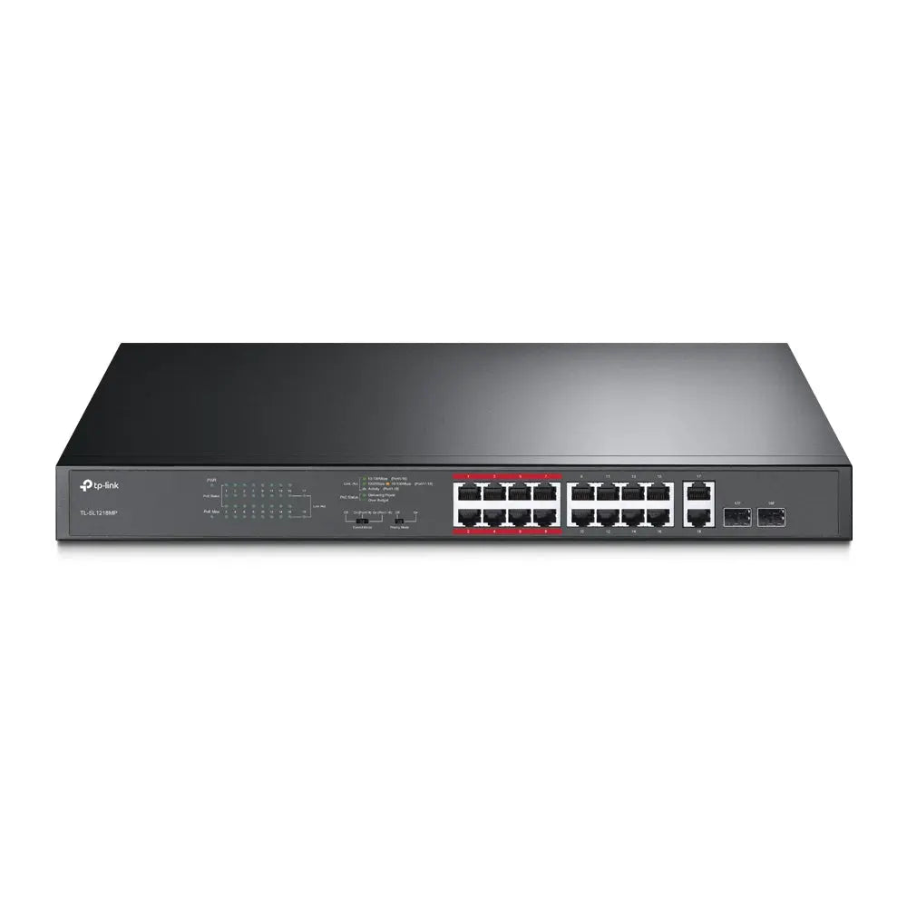 TP-LINK TL-SL1218MP 16-Port PoE switch with multiple RJ45 and SFP ports, designed for surveillance systems.