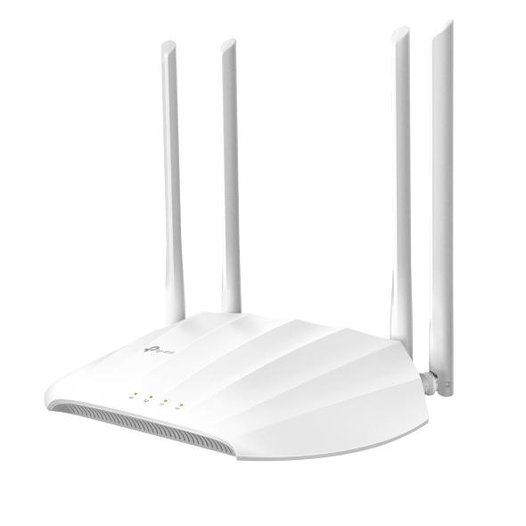 TP-Link TL-WA1201 AC1200 Wireless Access Point with four antennas and Ethernet port.