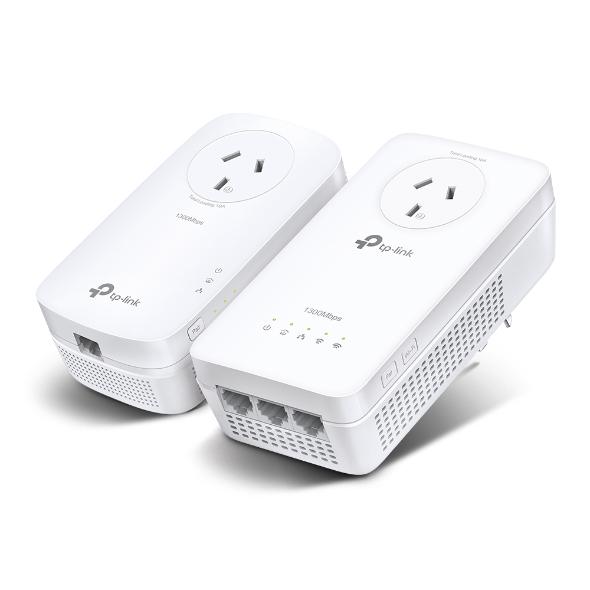 TP-LINK TL-WPA8631PKIT AV1300 Gigabit Passthrough Powerline ac Wi-Fi Kit with dual-band Wi-Fi and integrated power socket.