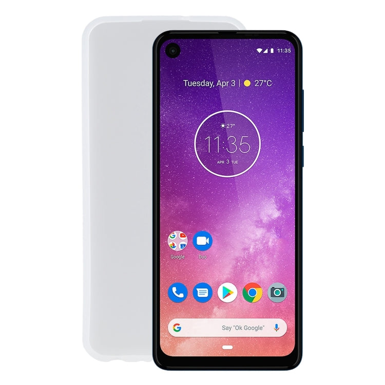 Transparent white TPU phone case designed for Motorola One Vision, showcasing its sleek and protective features.