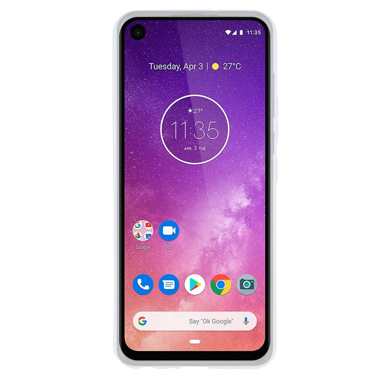 Transparent white TPU phone case designed for Motorola One Vision, showcasing its sleek and protective features.