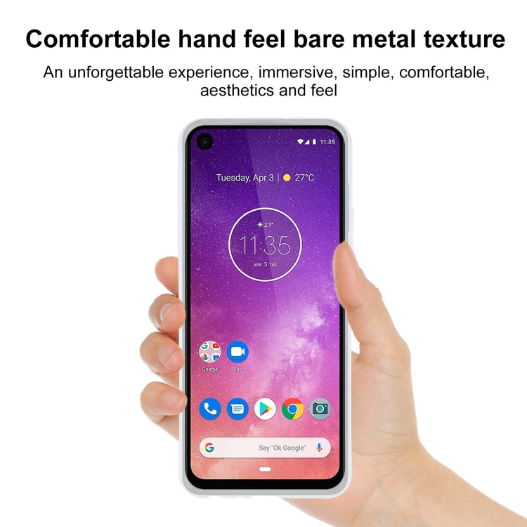Transparent white TPU phone case designed for Motorola One Vision, showcasing its sleek and protective features.