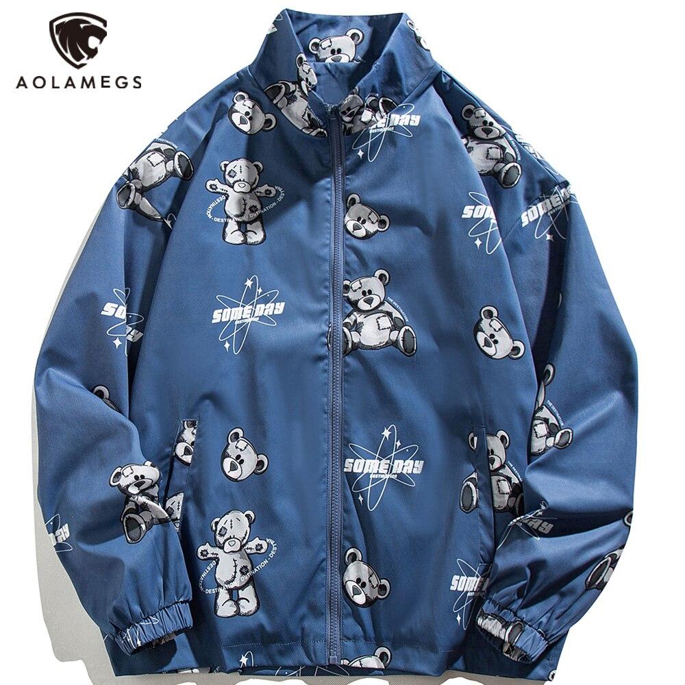 Men's track jacket featuring bear letter print and zipper closure, perfect for autumn streetwear.