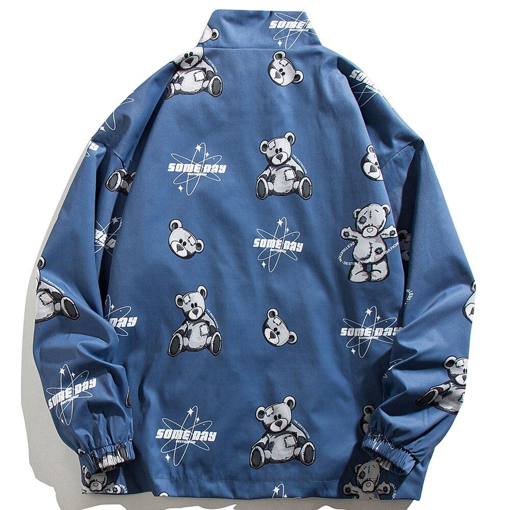 Men's track jacket featuring bear letter print and zipper closure, perfect for autumn streetwear.