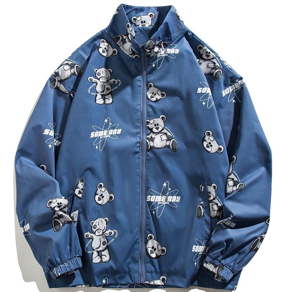 Men's track jacket featuring bear letter print and zipper closure, perfect for autumn streetwear.