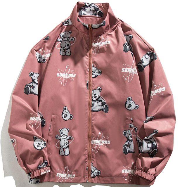 Men's track jacket featuring bear letter print and zipper closure, perfect for autumn streetwear.
