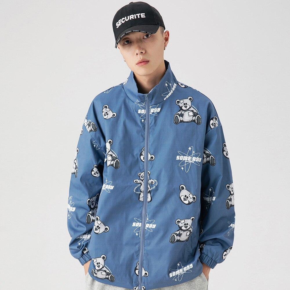 Men's track jacket featuring bear letter print and zipper closure, perfect for autumn streetwear.