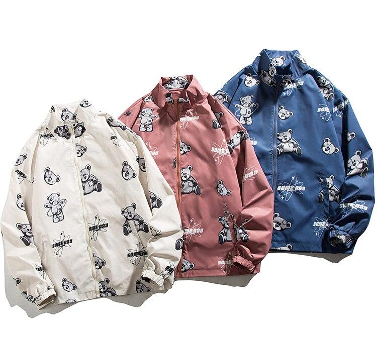 Men's track jacket featuring bear letter print and zipper closure, perfect for autumn streetwear.