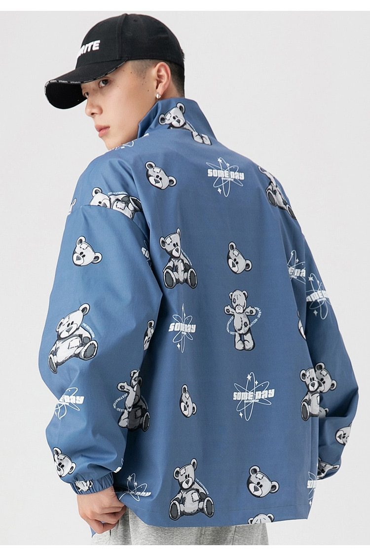 Men's track jacket featuring bear letter print and zipper closure, perfect for autumn streetwear.