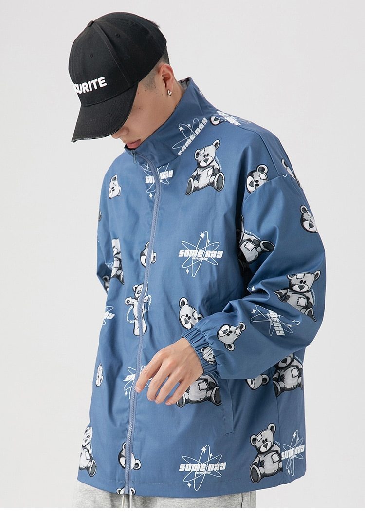 Men's track jacket featuring bear letter print and zipper closure, perfect for autumn streetwear.