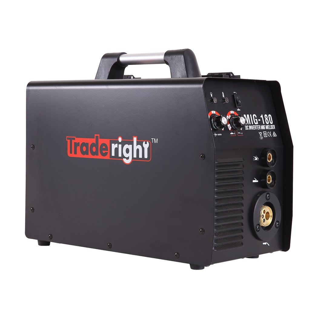 Traderight 180Amp Welder showcasing its compact design and dual-screen display, ideal for MIG and ARC welding.