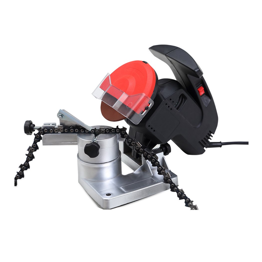 Electric chainsaw sharpener with chain.