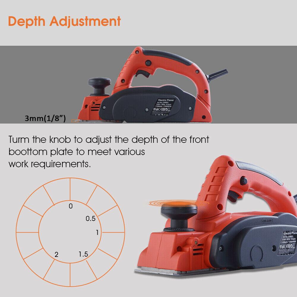 Traderight 710W Electric Wood Planer with two blades, showcasing its ergonomic design and adjustable depth settings.