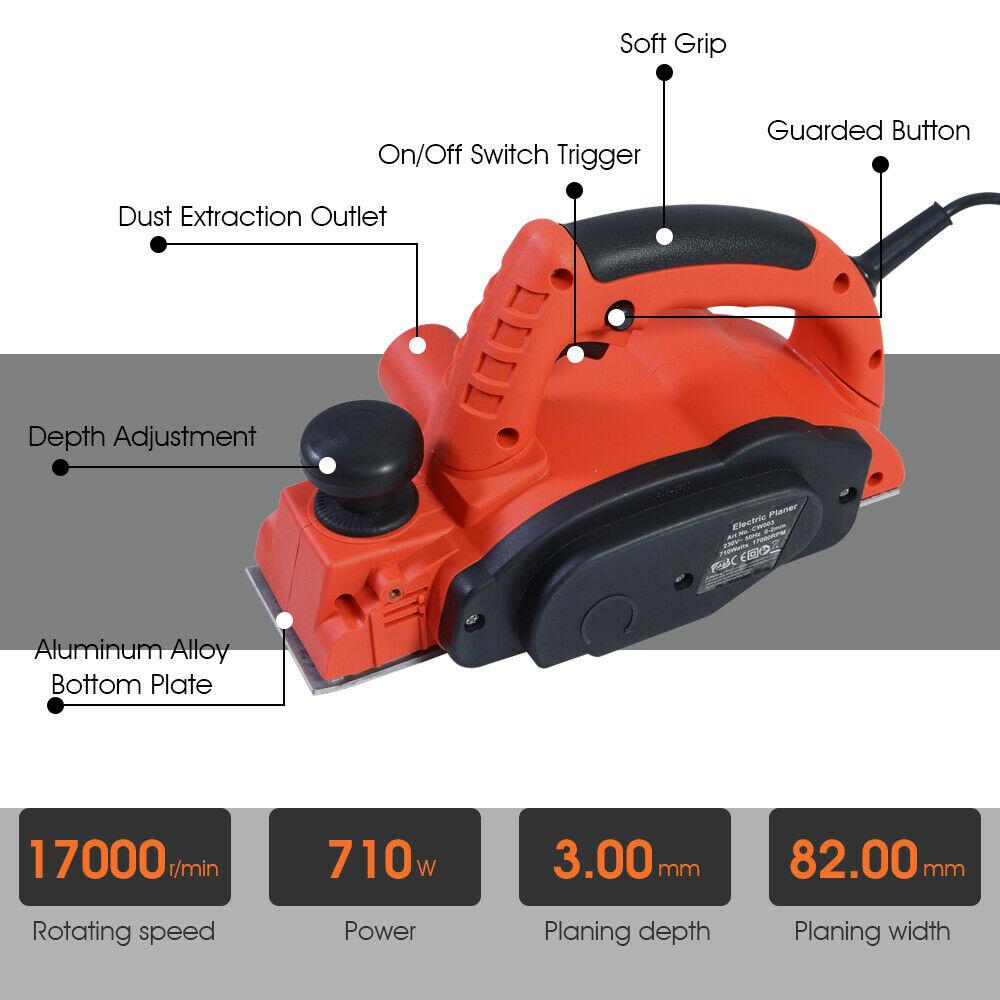 Traderight 710W Electric Wood Planer with two blades, showcasing its ergonomic design and adjustable depth settings.