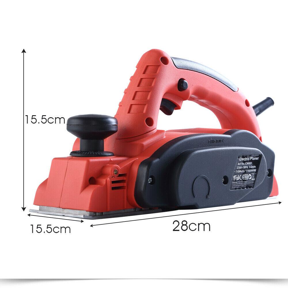 Traderight 710W Electric Wood Planer with two blades, showcasing its ergonomic design and adjustable depth settings.