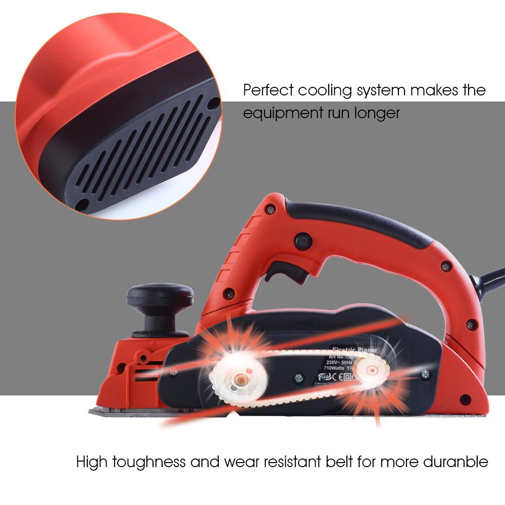Traderight 710W Electric Wood Planer with two blades, showcasing its ergonomic design and adjustable depth settings.