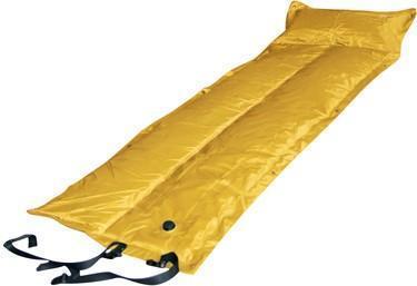 Trailblazer Self-Inflatable Foldable Air Mattress in yellow with a comfortable pillow, ideal for camping and outdoor activities.