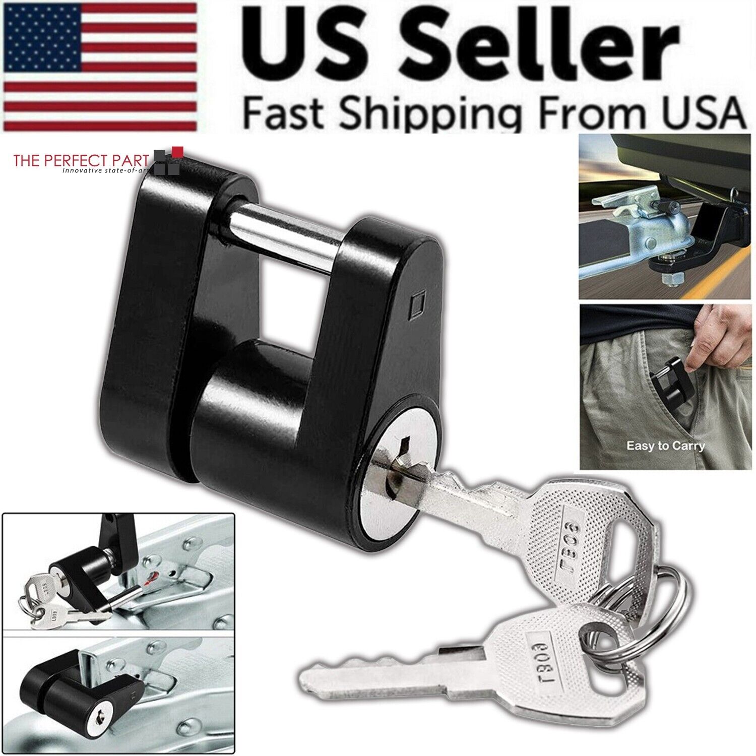 Trailer Hitch Coupler Lock with 1/4 inch diameter and 3/4 inch span, designed for securing trailers, boats, RVs, and trucks, featuring two keys.