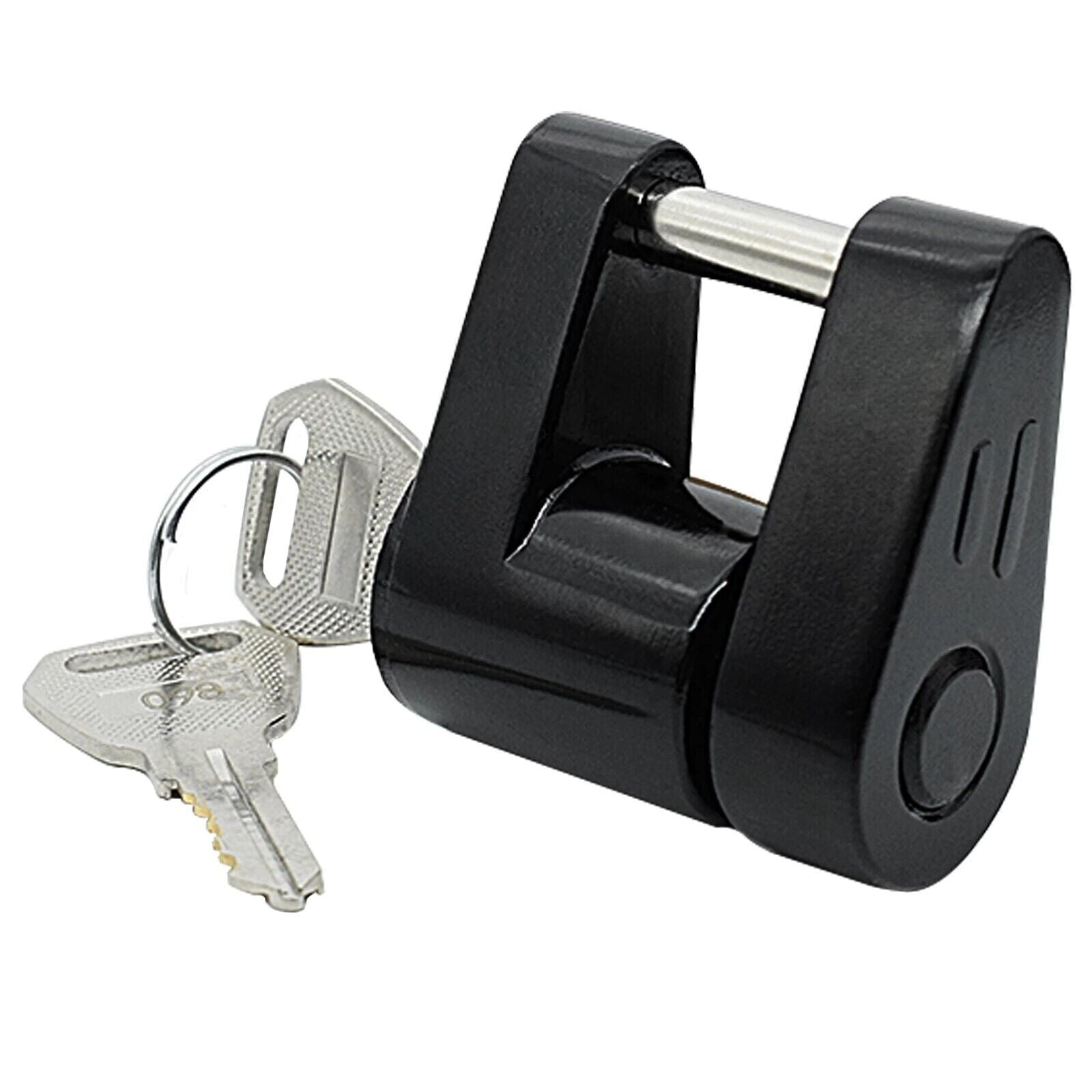 Trailer Hitch Coupler Lock with 1/4 inch diameter and 3/4 inch span, designed for securing trailers, boats, RVs, and trucks, featuring two keys.
