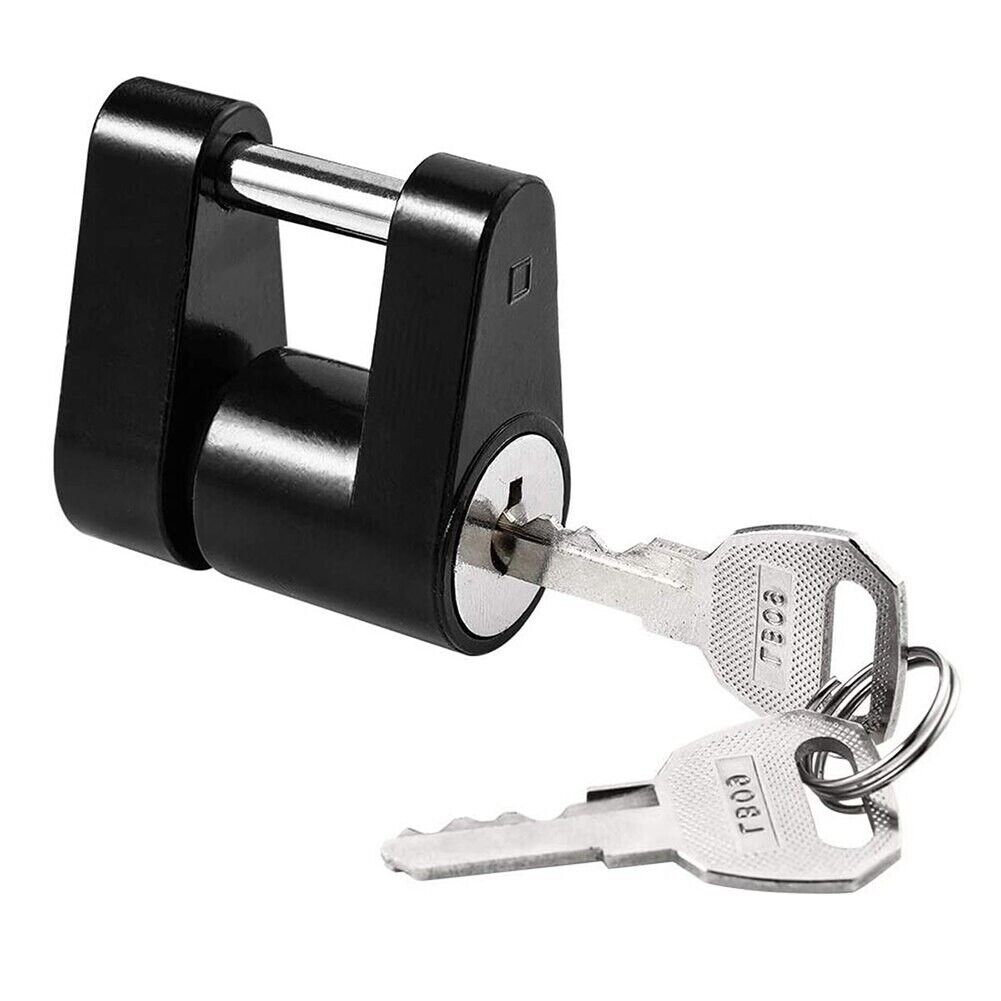 Trailer Hitch Coupler Lock with 1/4 inch diameter and 3/4 inch span, designed for securing trailers, boats, RVs, and trucks, featuring two keys.