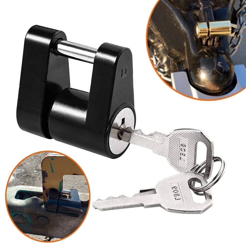 Trailer Hitch Coupler Lock with 1/4 inch diameter and 3/4 inch span, designed for securing trailers, boats, RVs, and trucks, featuring two keys.