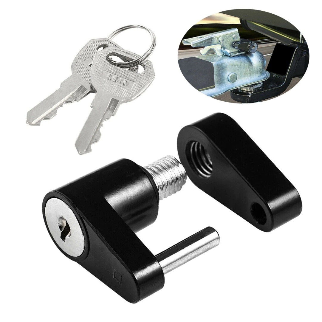 Trailer Hitch Coupler Lock with 1/4 inch diameter and 3/4 inch span, designed for securing trailers, boats, RVs, and trucks, featuring two keys.