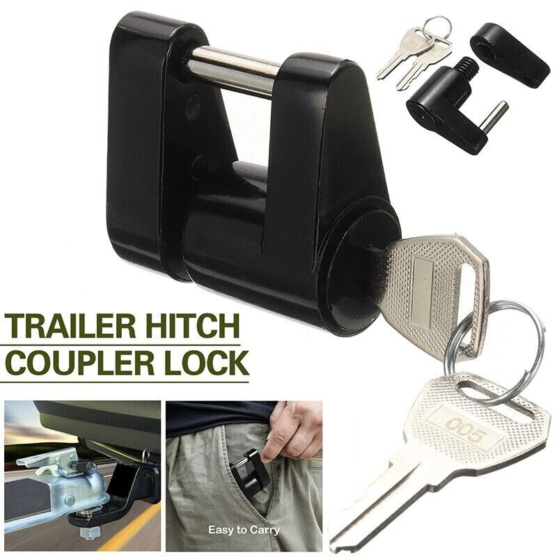 Trailer Hitch Coupler Lock with 1/4 inch diameter and 3/4 inch span, designed for securing trailers, boats, RVs, and trucks, featuring two keys.