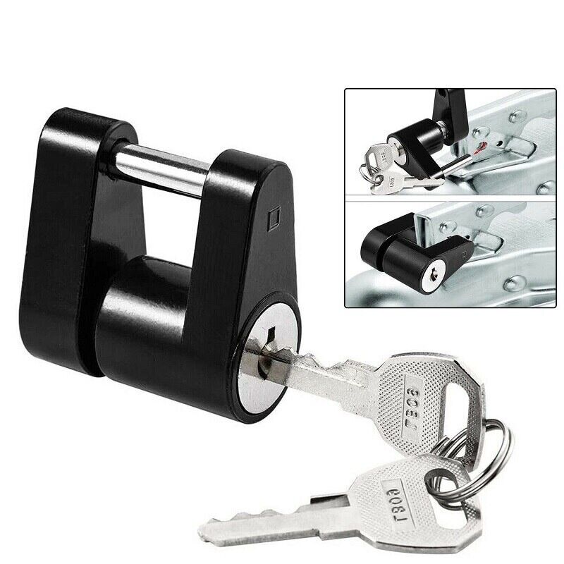 Trailer Hitch Coupler Lock with 1/4 inch diameter and 3/4 inch span, designed for securing trailers, boats, RVs, and trucks, featuring two keys.