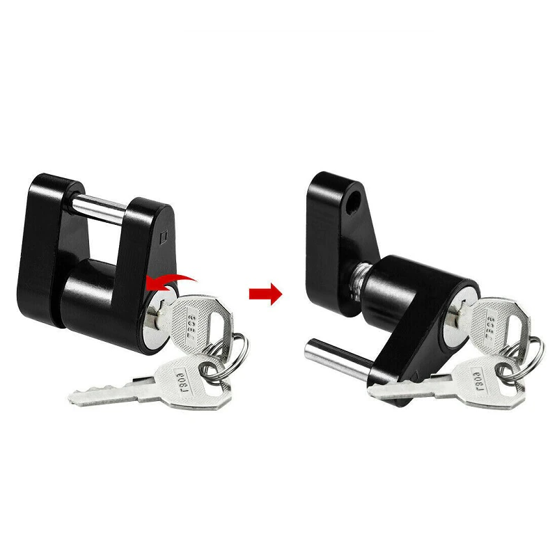 Trailer Hitch Coupler Lock with 1/4 inch diameter and 3/4 inch span, designed for securing trailers, boats, RVs, and trucks, featuring two keys.