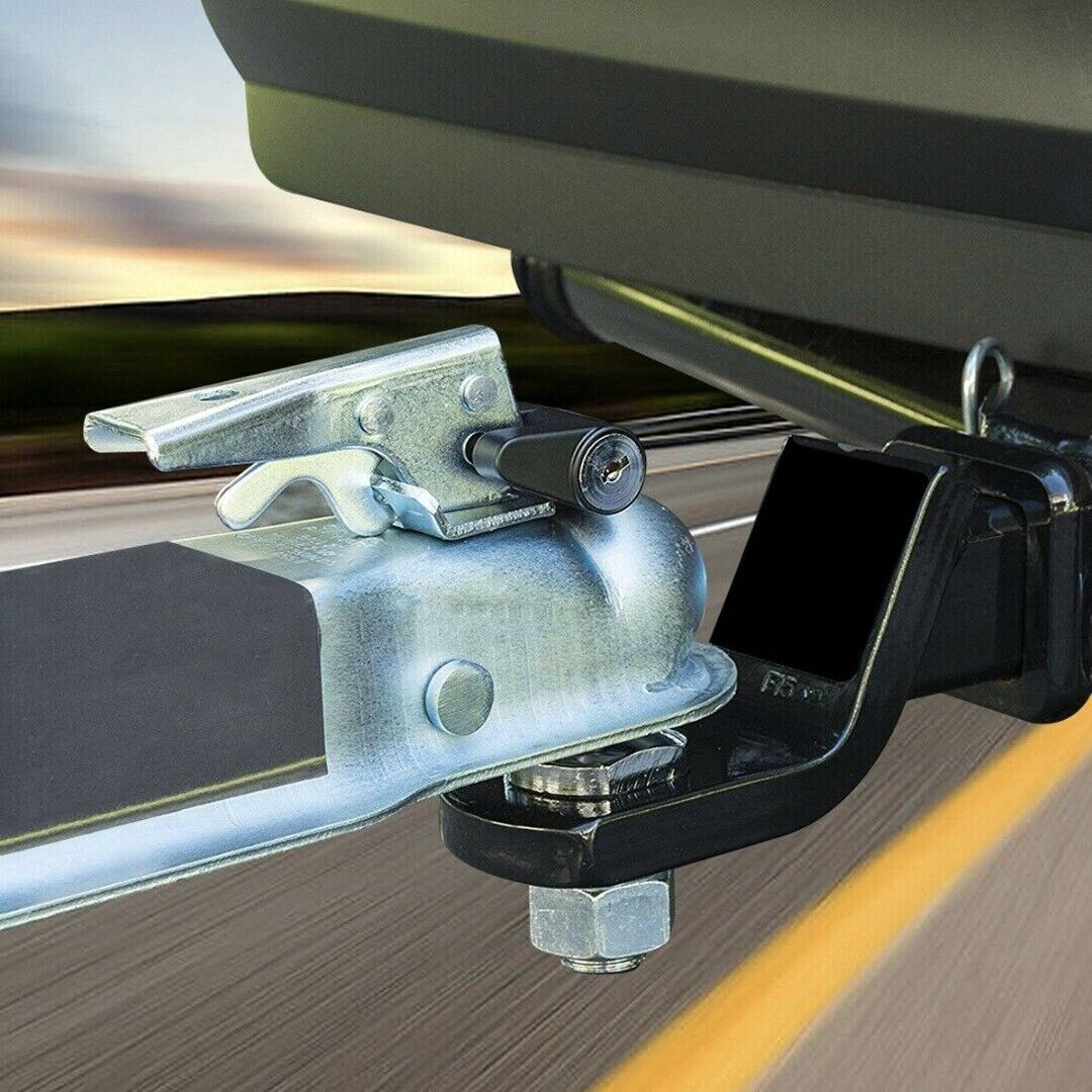 Trailer Hitch Coupler Lock with 1/4 inch diameter and 3/4 inch span, designed for securing trailers, boats, RVs, and trucks, featuring two keys.