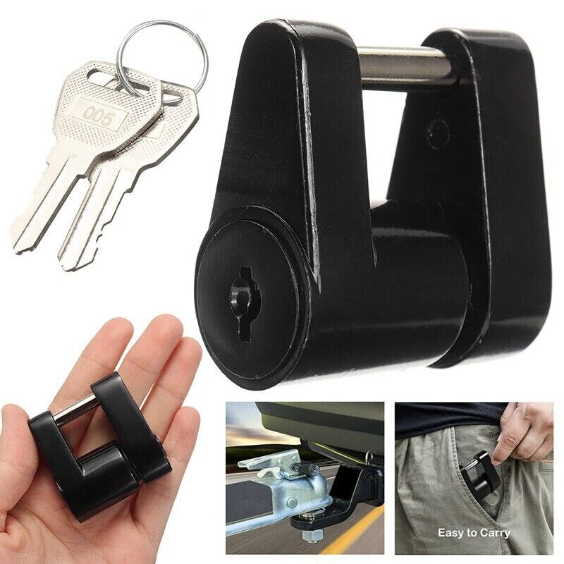 Trailer Hitch Coupler Lock with 1/4 inch diameter and 3/4 inch span, designed for securing trailers, boats, RVs, and trucks, featuring two keys.