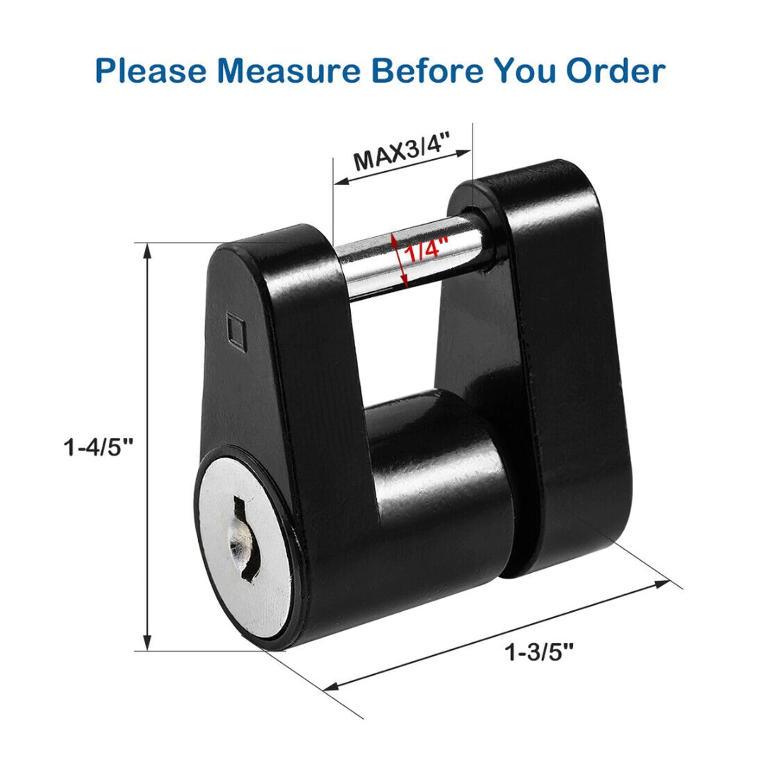 Trailer Hitch Coupler Lock with 1/4 inch diameter and 3/4 inch span, designed for securing trailers, boats, RVs, and trucks, featuring two keys.