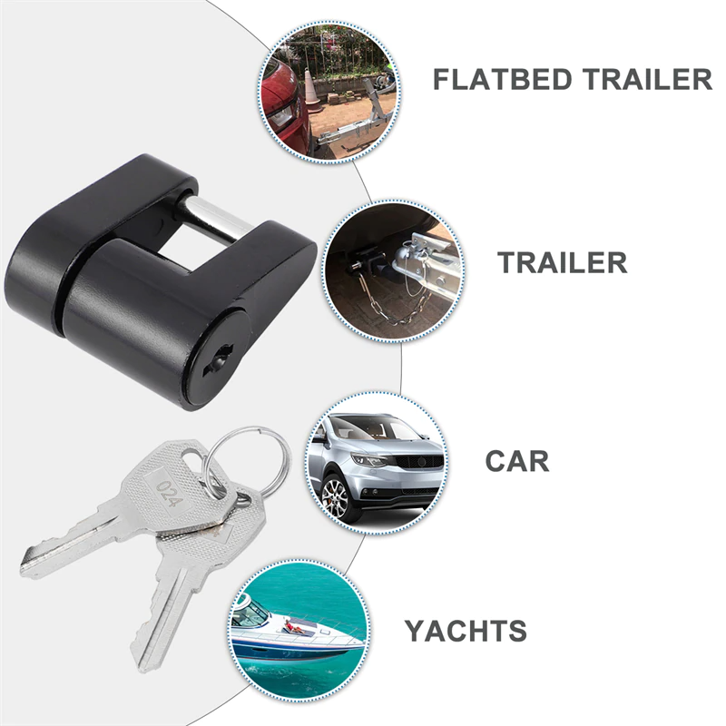 Trailer Hitch Coupler Lock with 1/4 inch diameter and 3/4 inch span, designed for securing trailers, boats, RVs, and trucks, featuring two keys.