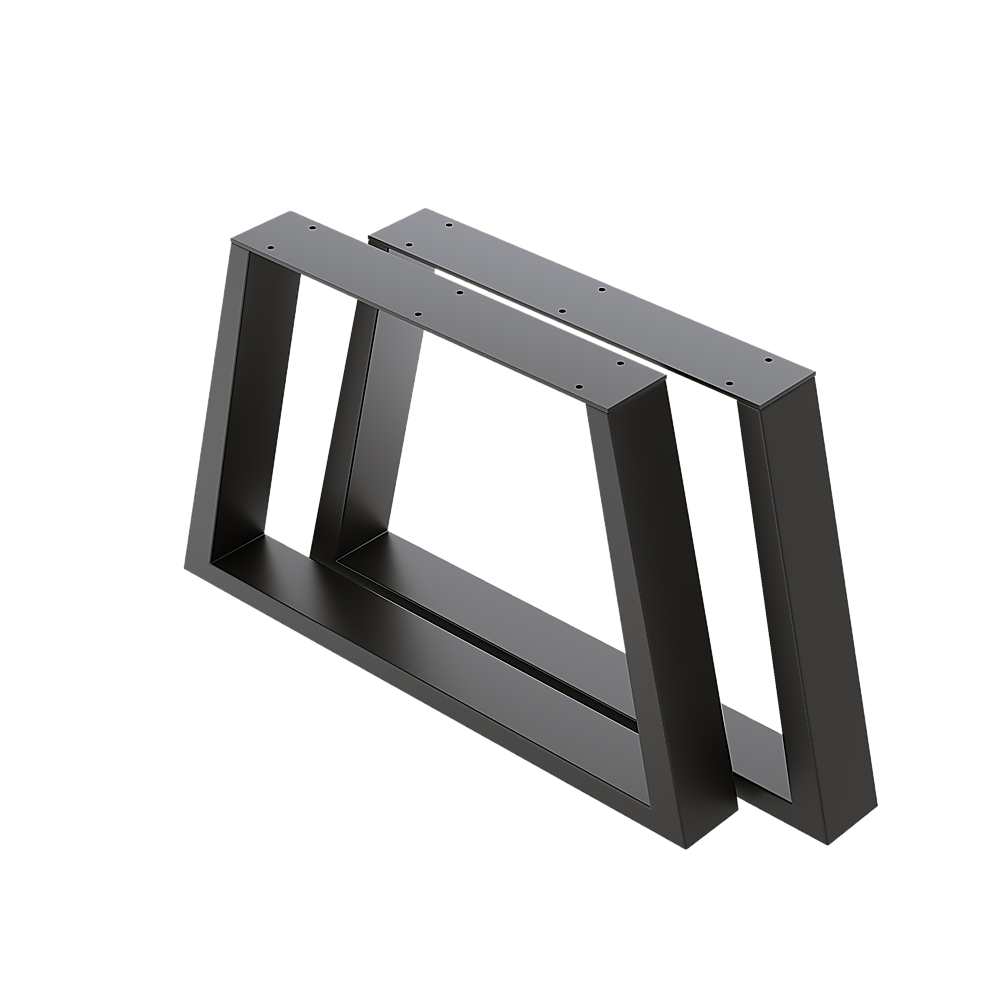 Trapezium shaped black table legs with a retro industrial design, showcasing a sturdy steel construction and sleek silhouette.