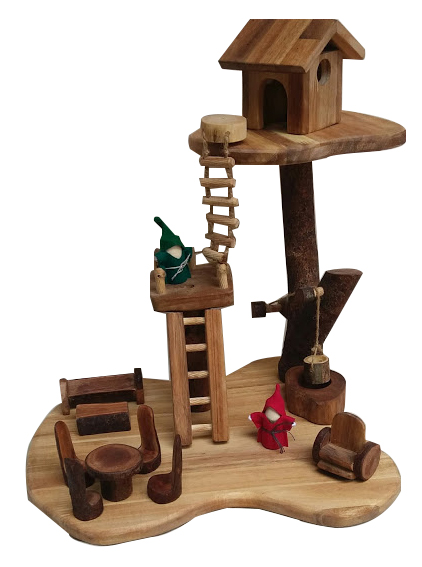 A beautifully crafted Tree Style House made from Lychee and Acacia wood, featuring doll furniture and a whimsical design.