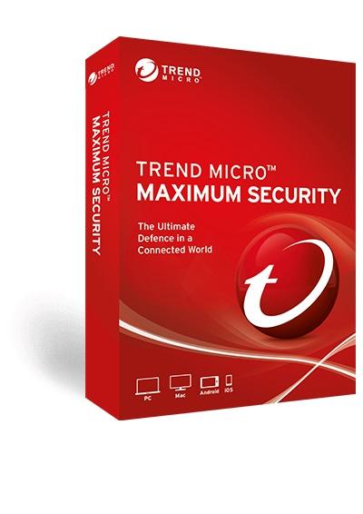 Trend Micro Maximum Security Mini Box for 1-5 devices, showcasing compact design and security features.