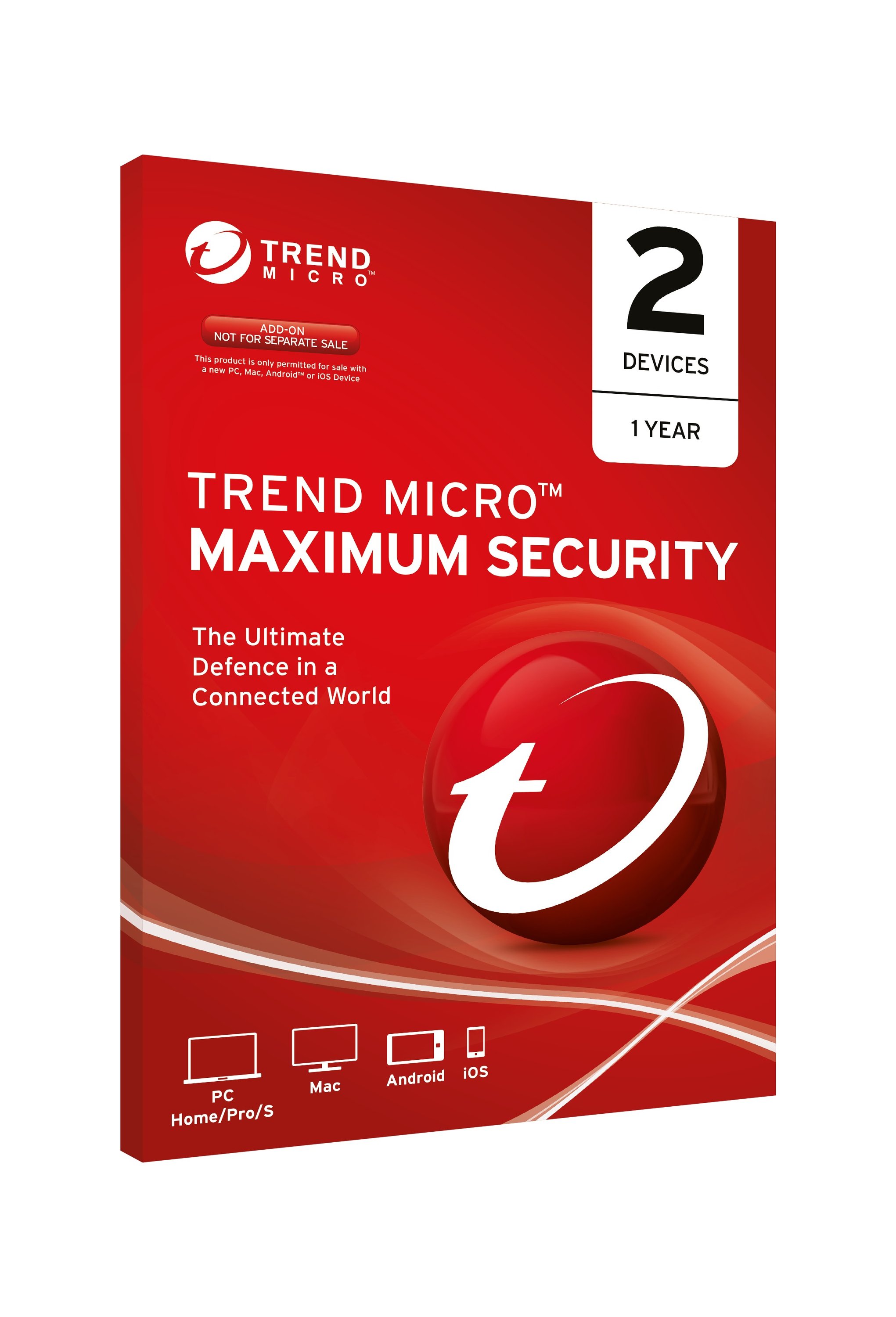 Trend Micro Maximum Security software box showcasing features for device protection against online threats.
