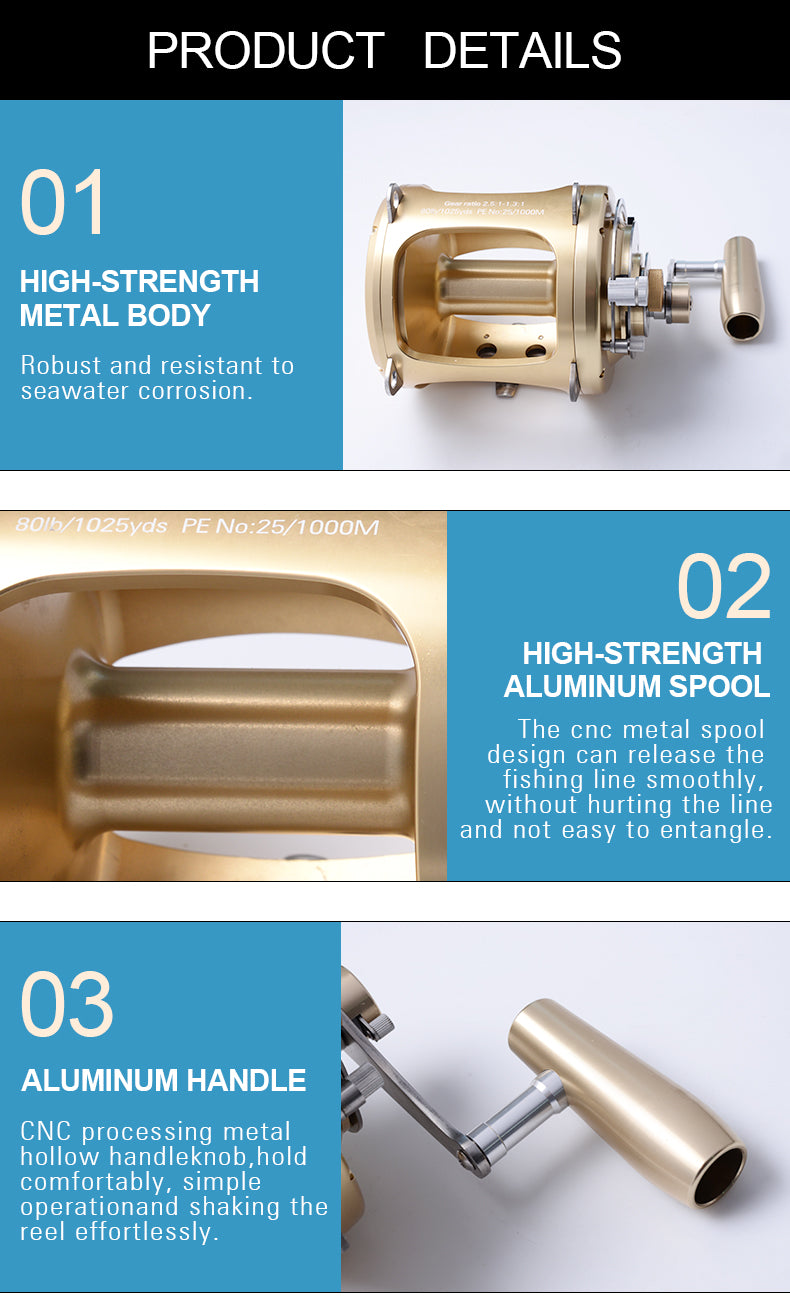 Trolling wheels 30W-II/50W-II/80W-II fishing reels showcasing full metal design and 8+1BB ball bearings for deep sea fishing.