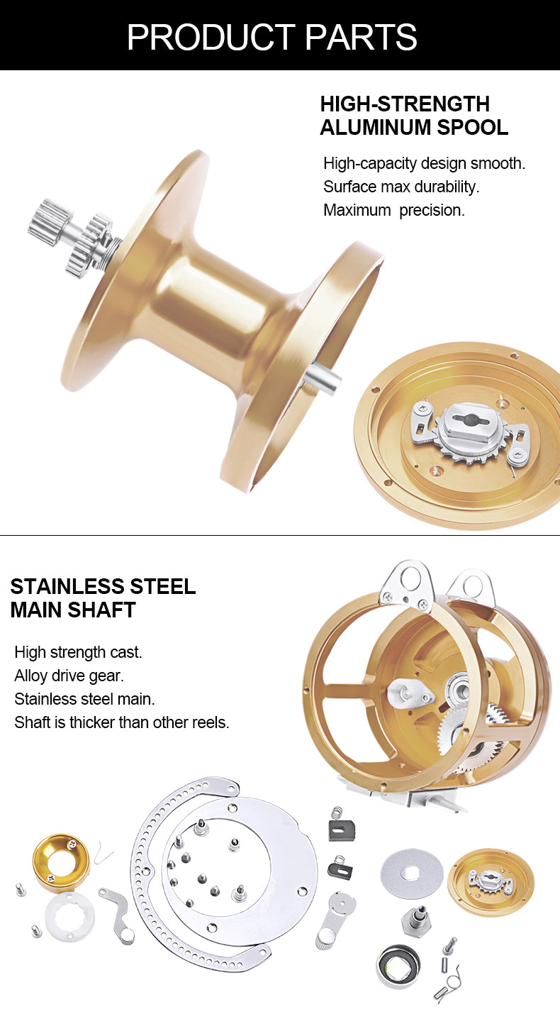 Trolling wheels 30W-II/50W-II/80W-II fishing reels showcasing full metal design and 8+1BB ball bearings for deep sea fishing.