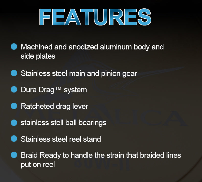 Trolling wheels 30W-II/50W-II/80W-II fishing reels showcasing full metal design and 8+1BB ball bearings for deep sea fishing.