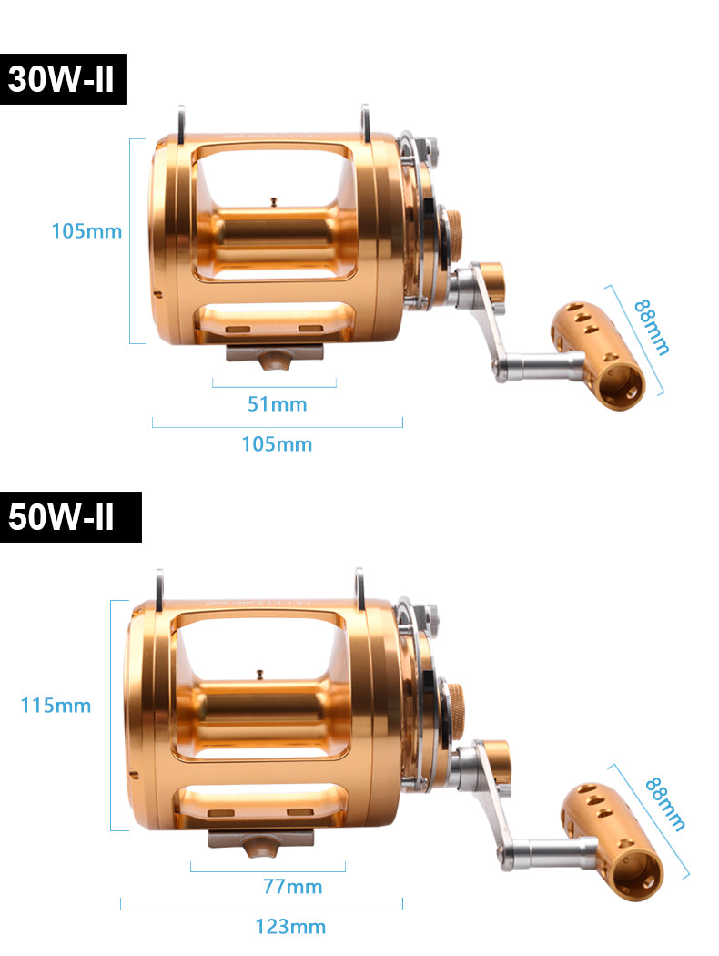 Trolling wheels 30W-II/50W-II/80W-II fishing reels showcasing full metal design and 8+1BB ball bearings for deep sea fishing.