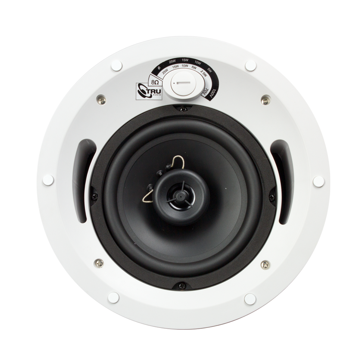 TRUAUDIO 2-way economy in-ceiling speaker featuring a 6.5-inch woofer and frameless grill design, ideal for commercial audio applications.