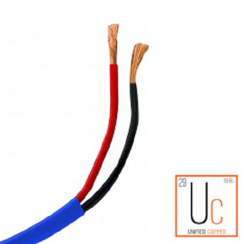TRUAUDIO Unified Copper™ 16/2 audio cable, 16 AWG, 2 conductor, blue, 500 feet long, showcasing its durable PVC outer jacket and oxygen-free copper conductors.