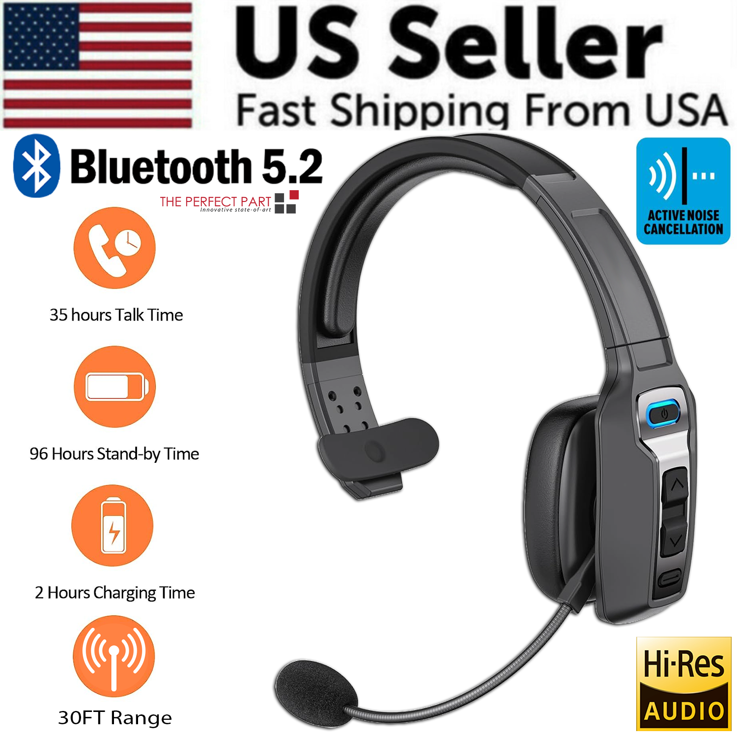 Trucker Bluetooth 5.2 Wireless Headset with Noise Cancelling Mic, showcasing its sleek design and comfortable earcups.