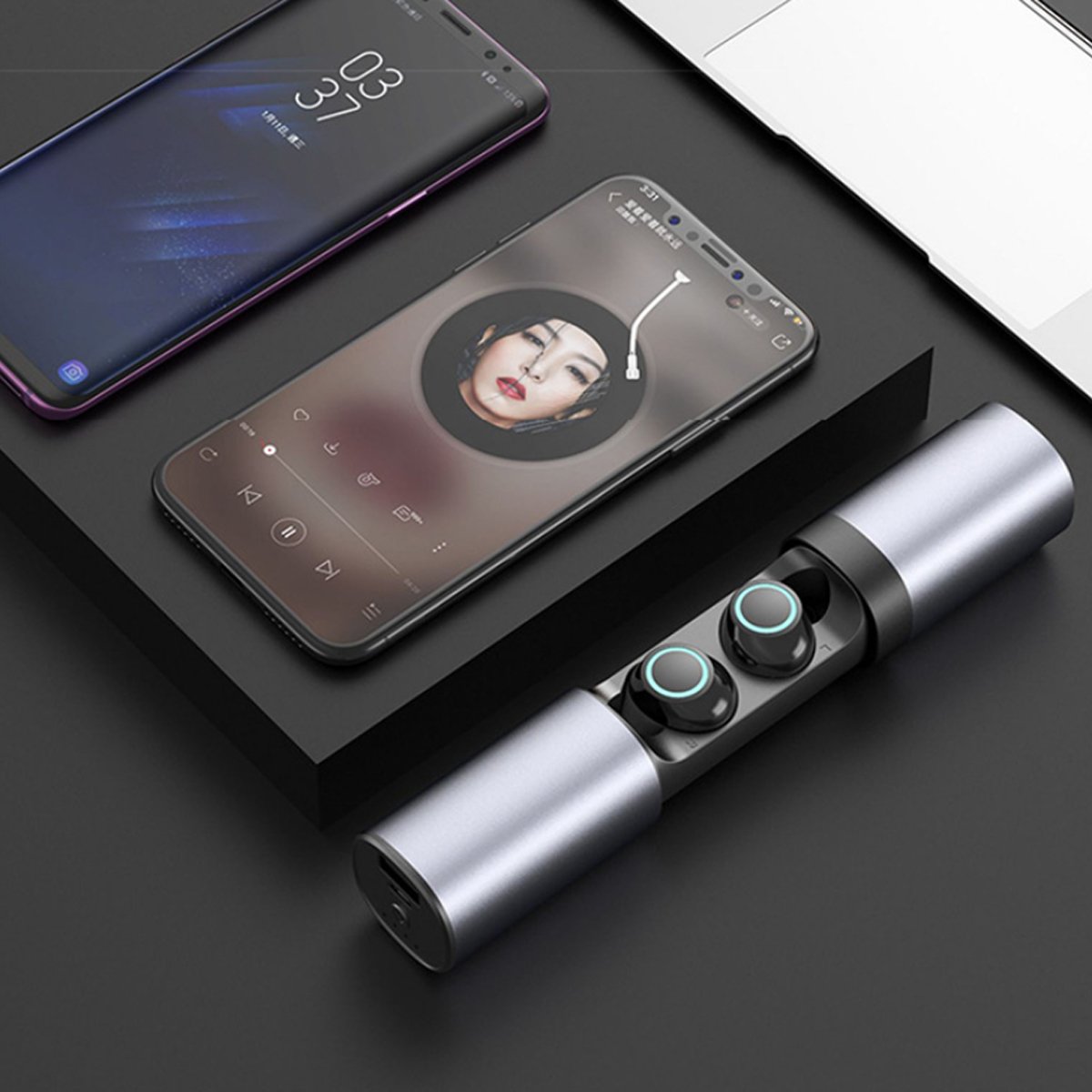 True Twin 2 In 1 Wireless Headphones with Phone Charger featuring a sleek design and golden rim, showcasing its dual functionality.