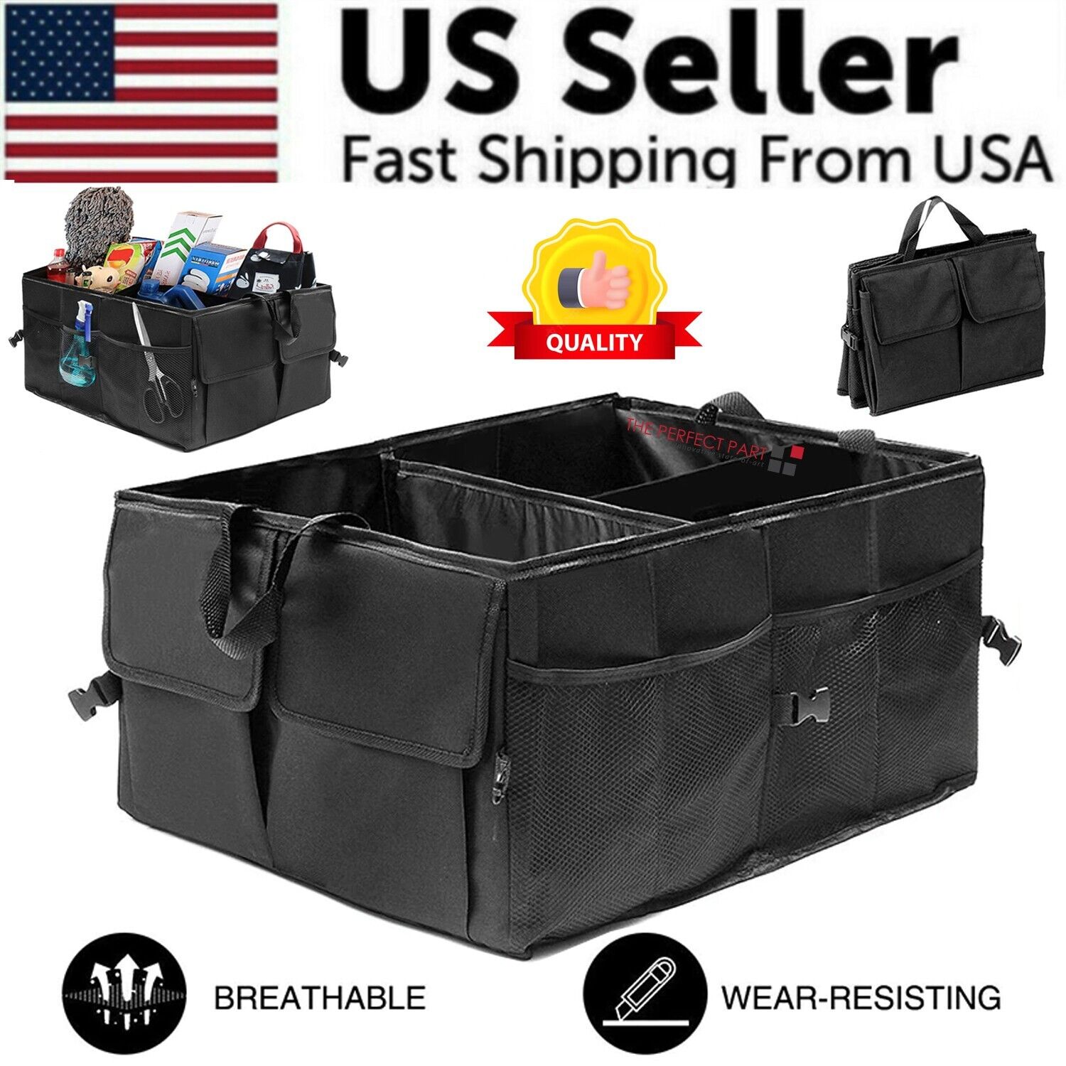 Trunk Cargo Organizer Folding Storage Bin for Car, Truck, and SUV, featuring multiple compartments and a durable design.