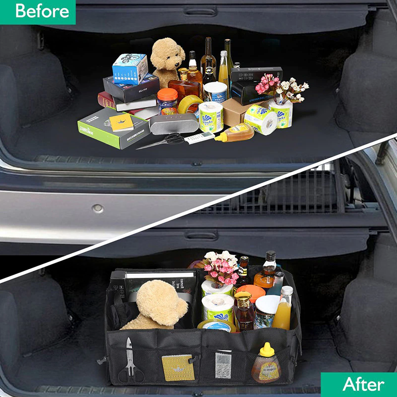 Trunk Cargo Organizer Folding Storage Bin for Car, Truck, and SUV, featuring multiple compartments and a durable design.